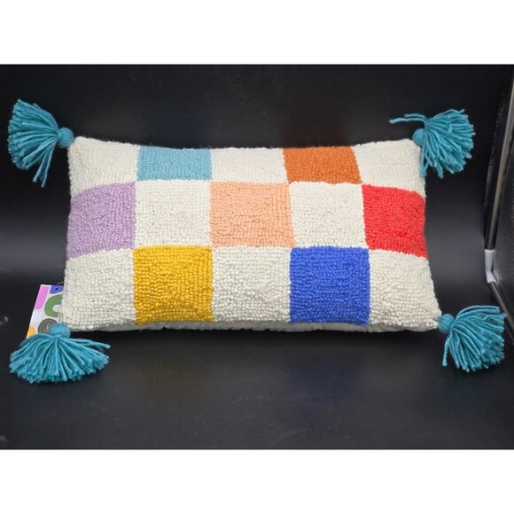 Colorful Boho  Checker Board Throw Pillow With Tassels 10" X 17" - Picture 3 of 6